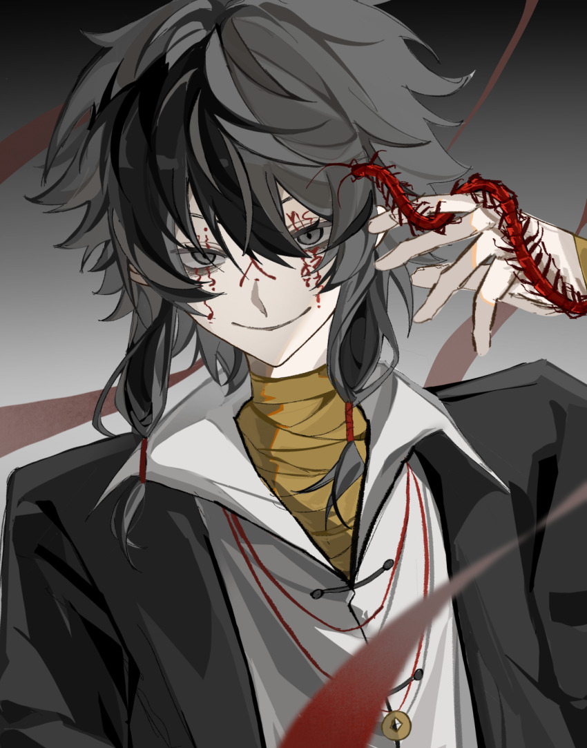1boy bandaged_neck bandages black_hair black_jacket bug centipede chinese_commentary closed_mouth coin coin_on_string collared_shirt commentary_request facepaint highres holed_coin jacket male_focus ngshizaibide open_clothes open_jacket shirt short_hair_with_long_locks sidelocks smile solo touqi_guaitan upper_body variant_set white_shirt ziche_fuzhao