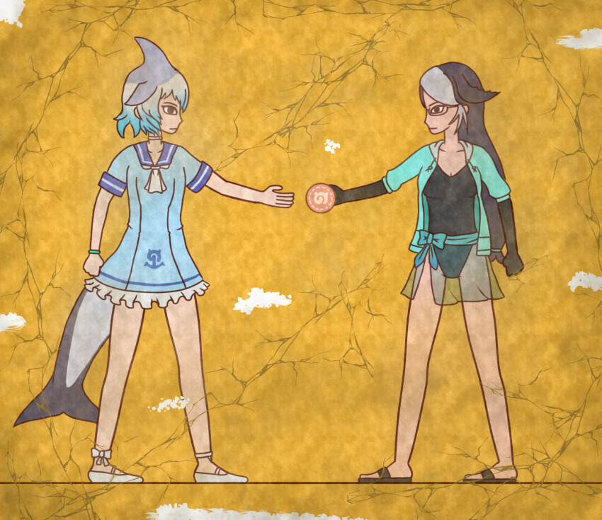 2girls black_gloves black_hair black_one-piece_swimsuit blue_dress blue_hair california_sea_lion_(kemono_friends) cetacean_tail commentary_request common_bottlenose_dolphin_(kemono_friends) crack dorsal_fin dress egyptian_art elbow_gloves fins fish_tail food frilled_dress frills full_body glasses gloves gradient_hair grey_hair highres hood hoodie japari_bun japari_symbol kemono_friends kemono_friends_2 kita_(7kita) looking_at_another multicolored_hair multiple_girls one-piece_swimsuit outstretched_arm profile sailor_dress sash swimsuit swimsuit_under_clothes tail two-tone_hair