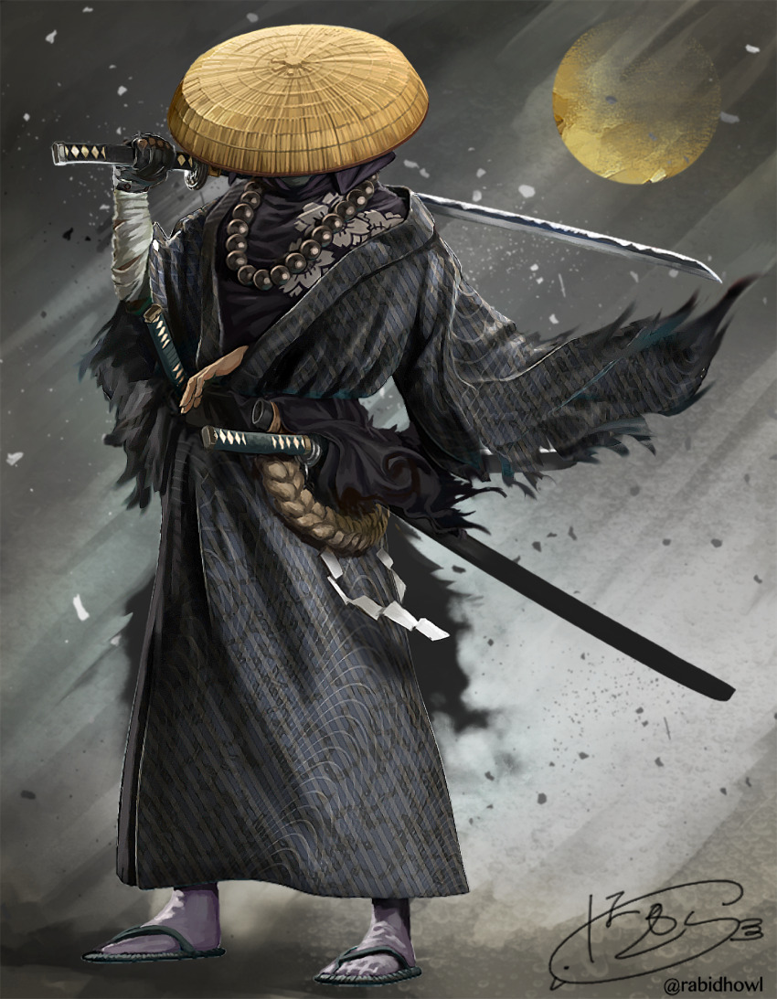 1boy ashes bandaged_arm bandages bead_necklace beads clothing_request covered_face floral_print gloves hanekura_bou hat highres holding holding_sword holding_weapon jewelry katana male_focus multiple_swords necklace original samurai sandals signature single_glove solo straw_hat sun sword torn_clothes twitter_username weapon