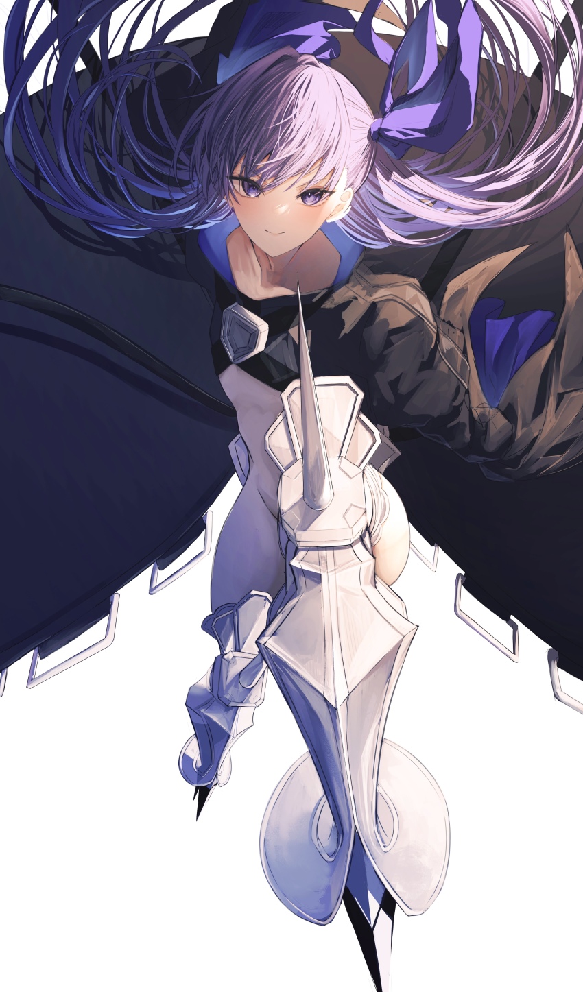 1girl absurdres black_cloak blush cloak closed_mouth commentary fate/extra fate/extra_ccc fate/grand_order fate_(series) floating_hair hair_ribbon highres long_hair long_sleeves looking_at_viewer meltryllis_(fate) prosthesis prosthetic_leg purple_eyes purple_hair purple_ribbon ribbon simple_background sleeves_past_fingers sleeves_past_wrists smile solo stomach white_background yagi_(yagi5art)