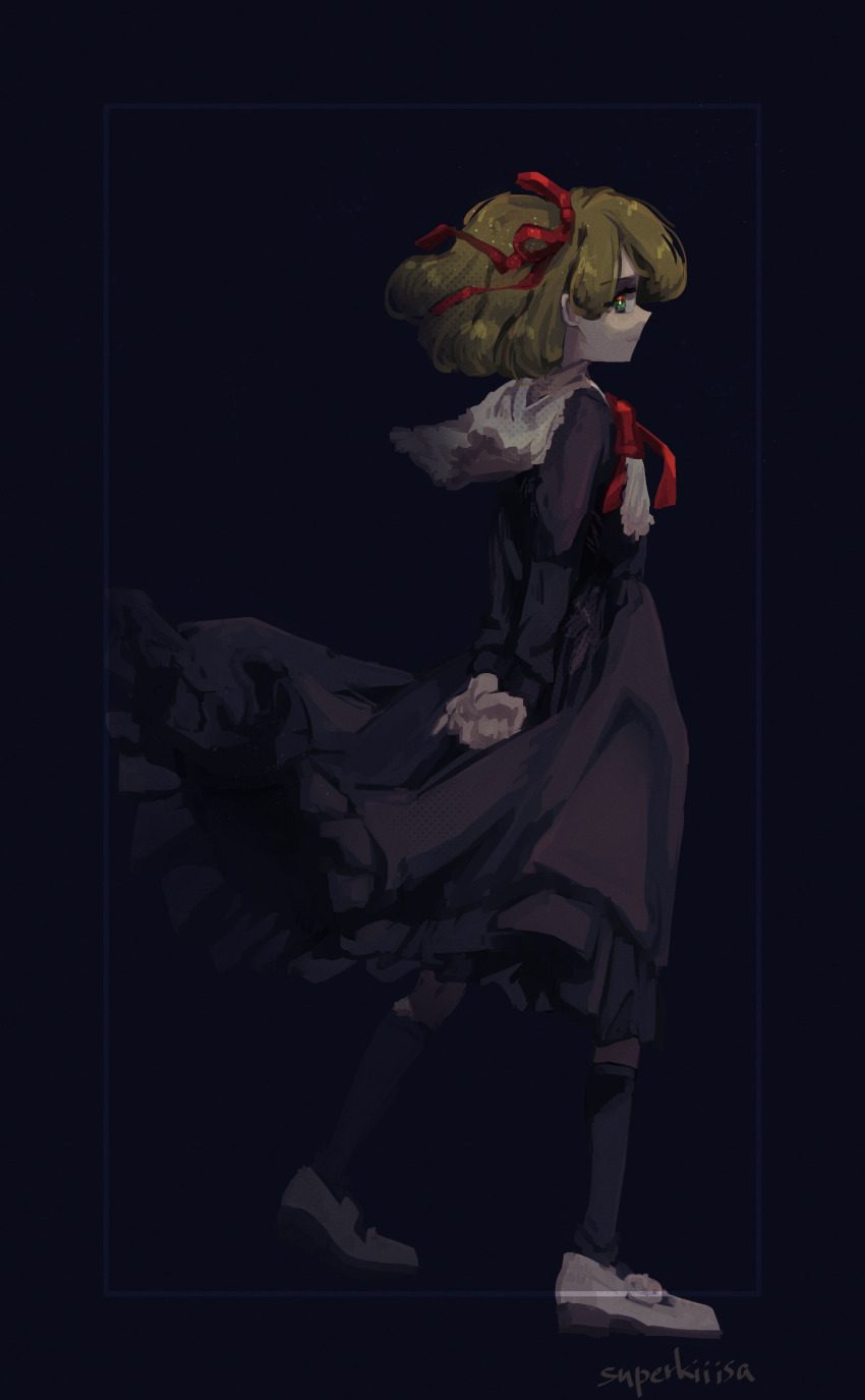 1girl absurdres arms_behind_back artist_name black_background black_border black_dress black_shoes border bow bowtie kneehighs child danganronpa_(series) danganronpa_another_episode:_ultra_despair_girls dress female_focus fingers_together green_eyes green_hair hair_bow hair_ribbon highres mary_janes matching_hair/eyes medium_hair neck_ribbon red_bow red_ribbon ribbon shoes signature simple_background solo standing superkisa white_shoes