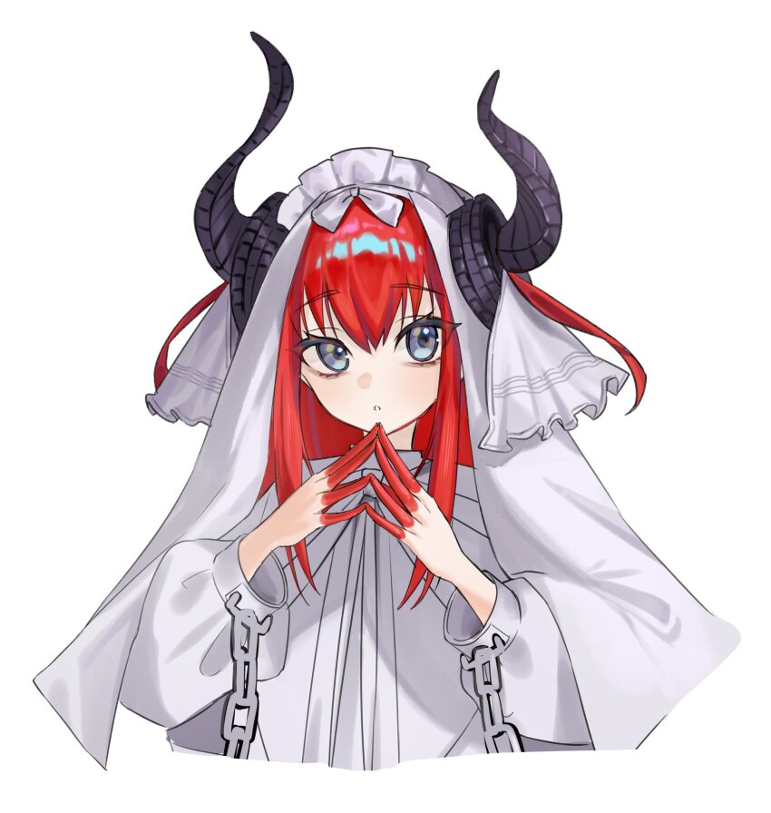 1girl black_horns chain dragon_horns dress elizabeth_bathory_(avenger)_(fate) elizabeth_bathory_(fate) fate/grand_order fate_(series) grey_eyes hair_between_eyes hashtag-only_commentary highres horns long_hair long_sleeves looking_at_viewer mikon_(nicknqme) own_hands_together red_hair simple_background solo veil white_background white_dress