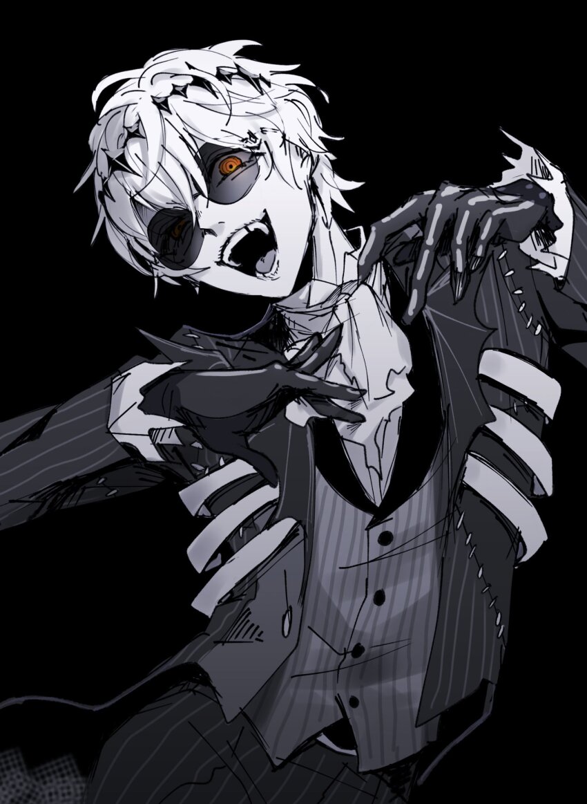 1boy :d ascot black_background black_coat black_gloves black_hairband black_pants coat diamond_hairband empty_eyes frilled_sleeves frills gloves grey_vest hairband half-closed_eye hands_up highres jacket leaning_to_the_side long_sleeves looking_at_viewer male_focus mitsuro_illust open_clothes open_coat open_mouth orange_eyes pants pinstripe_jacket pinstripe_pants pinstripe_pattern pinstripe_vest ringed_eyes round_eyewear shirt short_hair simple_background skully_j._graves smile solo stitches striped_clothes striped_jacket striped_pants striped_vest sunglasses torn_ascot torn_clothes twisted_wonderland uneven_eyes vertical-striped_clothes vertical-striped_jacket vertical-striped_pants vertical-striped_vest vest white_ascot white_hair white_shirt