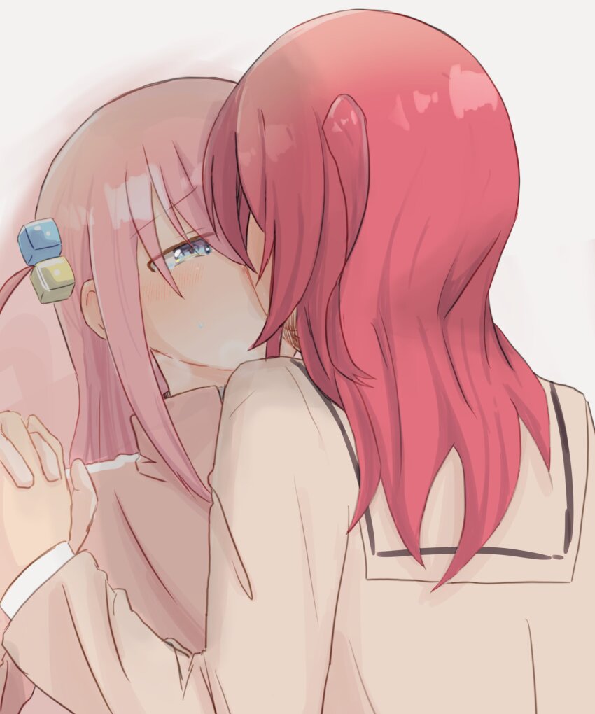 2girls against_wall blue_eyes blush bocchi_the_rock! cube_hair_ornament embarrassed from_behind gotoh_hitori hair_between_eyes hair_ornament half-closed_eyes highres holding_hands implied_kiss kisaragi_yukitora kiss kita_ikuyo long_hair multiple_girls one_side_up pink_hair red_hair school_uniform shuka_high_school_uniform simple_background tagme white_background yuri