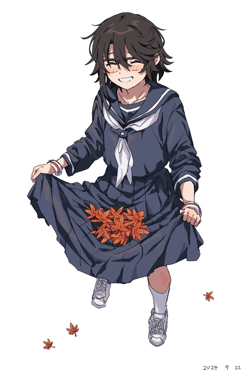 1girl bangle bead_bracelet beads black_hair black_skirt bracelet clothes_lift curtsey highres jewelry lifting_own_clothes medium_hair neckerchief original sailor_collar school_uniform scrunchie serafuku shoes signature simple_background skirt skirt_basket skirt_hold skirt_lift smile solo takatisakana teeth watch white_background white_shoes wrist_scrunchie wristband wristwatch