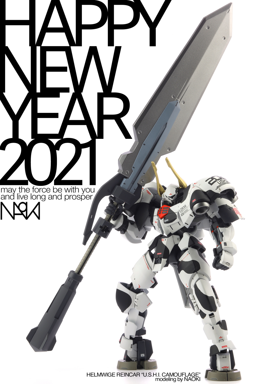 2021 absurdres chinese_zodiac clenched_hand english_text gundam gundam_tekketsu_no_orphans gunpla happy_new_year helmwige_reincar highres holding holding_sword holding_weapon horns huge_weapon mecha model_kit model_kit_(medium) naoki@titanomachia new_year no_humans photo_(medium) robot solo star_trek star_wars sword unconventional_media visor weapon white_background year_of_the_ox