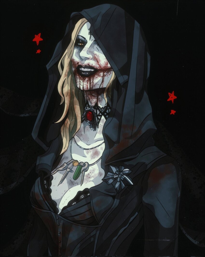 1girl 666chevy bela_dimitrescu black_cloak black_lips blood blood_from_mouth blood_on_face breasts cleavage cloak dried_blood highres long_hair looking_at_viewer medium_breasts resident_evil resident_evil_village solo