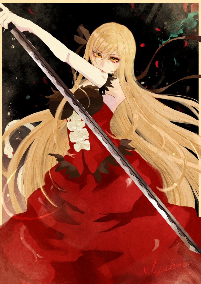 1girl blonde_hair dress elbow_gloves feather-trimmed_gloves gloves highres holding holding_sword holding_weapon izu_lemon kiss-shot_acerola-orion_heart-under-blade kizumonogatari monogatari_(series) oshino_shinobu solo strapless strapless_dress sword vampire weapon yellow_eyes