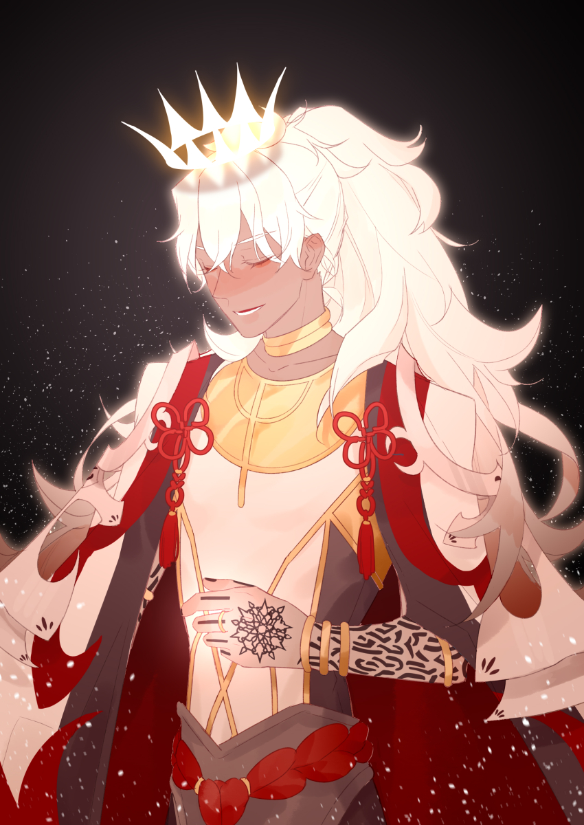 1boy absurdres arm_tattoo black_background black_cape black_shirt bracelet cape closed_eyes commentary cowboy_shot dark-skinned_male dark_skin facing_down fate/grand_order fate_(series) floating_crown glowing gold_bracelet gold_ring gold_trim hair_between_eyes hand_tattoo highres jewelry long_hair lower_teeth_only male_focus multicolored_cape multicolored_shirt neck_ring parted_lips ponytail red_cape shirt smile solo solomon_(fate) tassel tattoo teeth torijo white_cape white_hair white_shirt