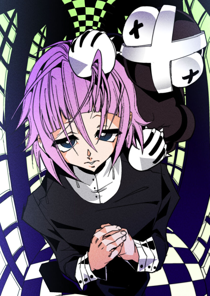 1boy architecture black_dress blue_eyes checkered_floor collar crona_(soul_eater) dress gothic_architecture grabbing_another&#039;s_hair highres male_focus medium_hair own_hands_together pink_hair pointy_nose ragnarok_(demon_sword) soul_eater teeth trap user_zkvj8284 variant_set white_collar white_sleeve_cuffs