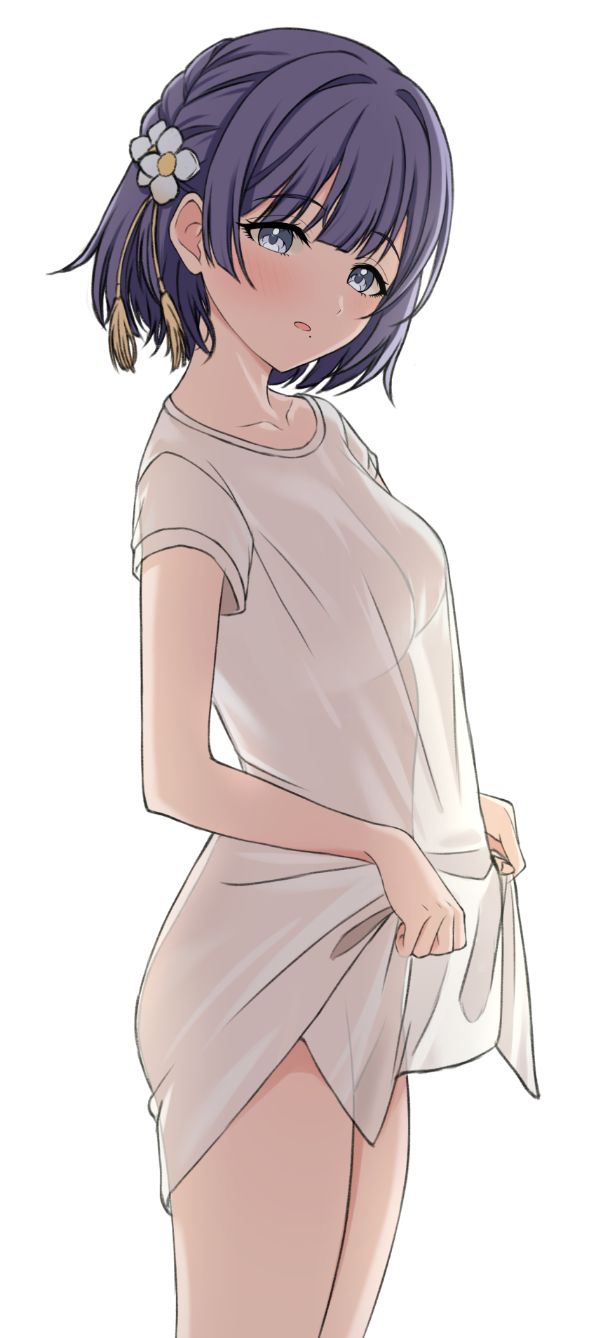 1girl absurdres blue_eyes blunt_bangs blush bottomless braid breasts collarbone dress_shirt flower gakuen_idolmaster hair_flower hair_ornament hataya_misuzu highres idolmaster looking_at_viewer mole mole_under_mouth naked_shirt no_bra no_panties no_pants open_mouth oversized_clothes oversized_shirt purple_hair see-through_clothes see-through_shirt shirt shirt_tug short_hair solo sulgi_park white_shirt