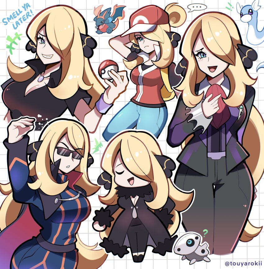 absurdres alternate_breast_size aron baseball_cap black_cape black_coat blonde_hair blue_oak blue_oak_(cosplay) breasts cape charizard charizard_(cosplay) coat cosplay cynthia_(pokemon) dratini flame-tipped_tail fur-trimmed_coat fur-trimmed_sleeves fur_collar fur_trim game_freak gen_1_pokemon gen_3_pokemon gen_4_pokemon gible grey_eyes hair_over_one_eye hat highres holding holding_poke_ball jacket lance_(pokemon) lance_(pokemon)_(cosplay) long_hair meme necktie nintendo poke_ball poke_ball_(basic) pokemon pokemon_(creature) pokemon_dppt pokemon_frlg pokemon_hgss pokemon_oras popped_collar purple_vest red_(pokemon) red_(pokemon)_(cosplay) red_necktie salt salt_bae_(meme) steven_stone steven_stone_(cosplay) sunglasses touyarokii turtleneck turtleneck_jacket vest