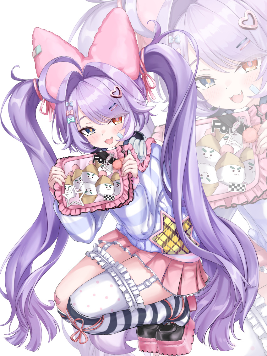 1girl absurdres ahoge blue_eyes blush bow frilled_thigh_strap hair_bow hair_ornament hairclip headphones headphones_around_neck heterochromia highres holding kuma_piv long_hair long_sleeves looking_at_viewer open_mouth orange_eyes pink_skirt shirt single_thighhigh skirt smile solo stellive striped_clothes striped_shirt striped_thighhighs tenko_shibuki thigh_strap thighhighs twintails virtual_youtuber