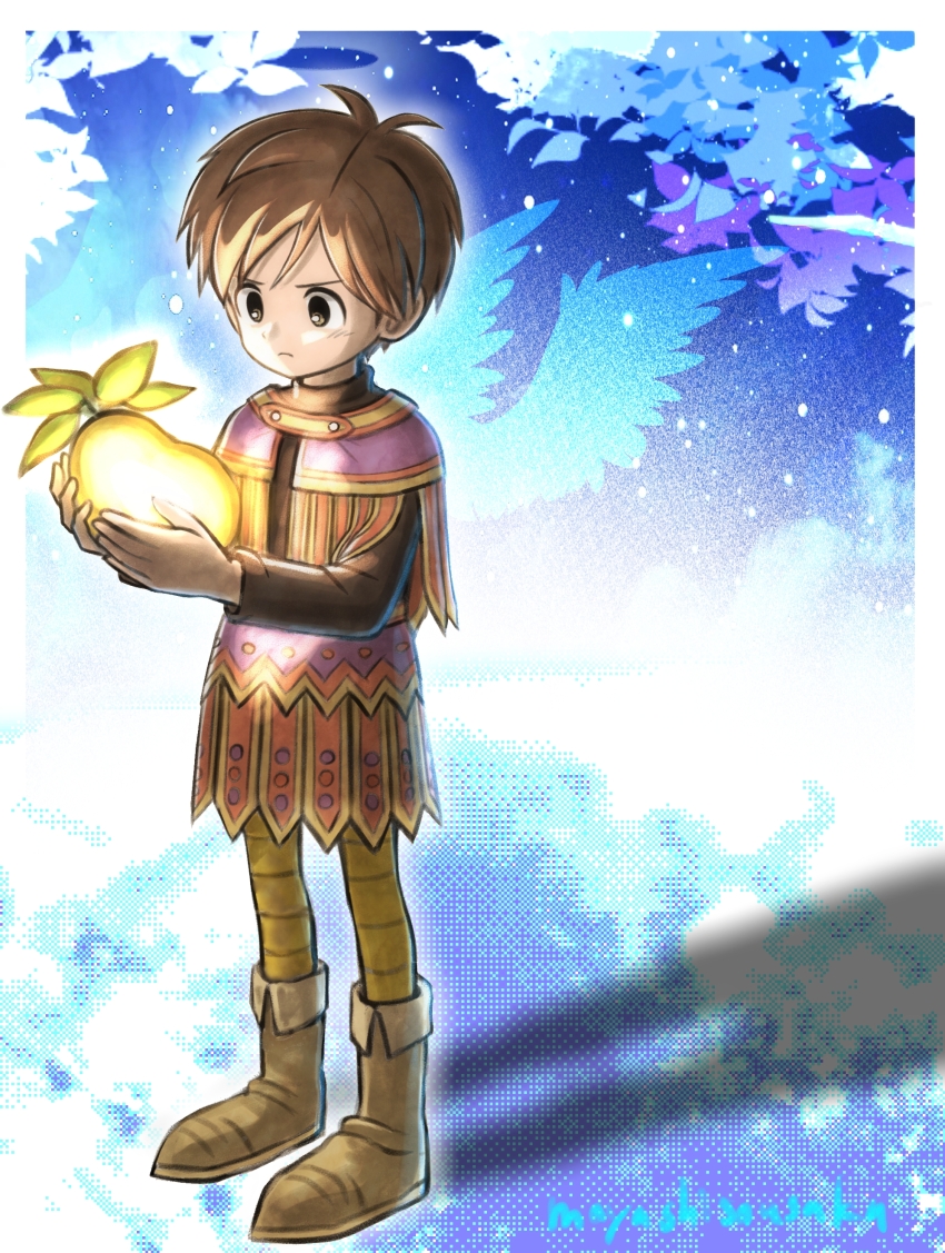 1boy absurdres black_eyes black_shirt boots border brown_boots brown_hair capelet commentary_request dragon_quest dragon_quest_ix food fruit full_body glowing hero_(dq9) highres holding holding_food holding_fruit looking_at_object male_focus moyapippi multicolored_capelet purple_capelet red_capelet shirt short_hair solo striped_leggings white_border yellow_leggings