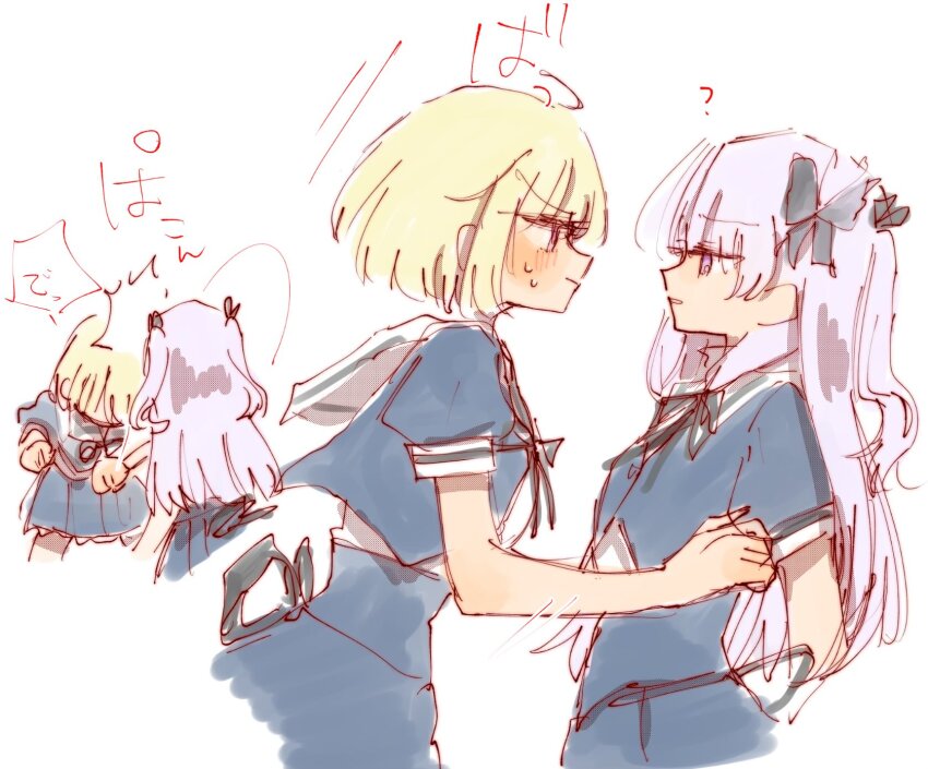 2girls ? assault_lily black_ribbon black_skirt blonde_hair blush clenched_hand closed_mouth commentary_request cowboy_shot cropped_jacket cropped_legs eye_contact face-to-face facing_away grey_hair hair_over_face hair_ribbon hand_up head_down highres hitting imagawa_homare long_hair looking_at_another miniskirt motion_lines multiple_girls multiple_views neck_ribbon parted_lips profile puffy_short_sleeves puffy_sleeves purple_eyes ribbon rui_rui_rui0122 school_uniform seike_tomoyo short_sleeves skirt standing sweat translation_request two_side_up underbust v-shaped_eyebrows yuri yurigaoka_girls_academy_school_uniform