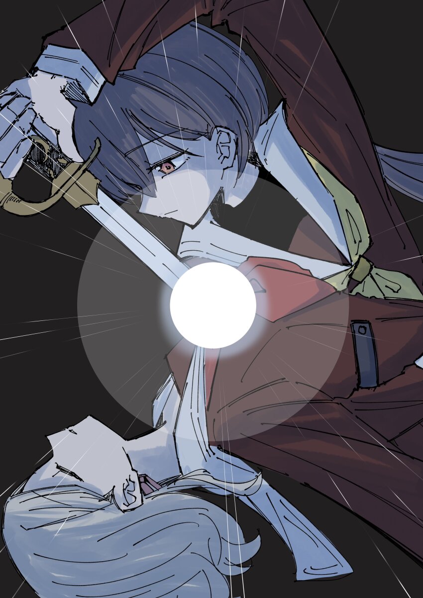 2girls absurdres artistic_error ayu_(ayu_illustrate) black_background brown_dress ceras_yanagida_lilienfeld closed_eyes closed_mouth commentary drawing_sword dress edel_note expressionless grey_hair hasu_no_sora_school_uniform highres holding holding_sword holding_weapon human_scabbard katsuragi_izumi link!_like!_love_live! long_hair long_sleeves looking_at_another love_live! multiple_girls neckerchief orange_eyes parody parted_lips red_neckerchief sailor_collar sailor_dress school_uniform sekai_wo_kakumei_suru_chikara_wo shoujo_kakumei_utena simple_background sword virtual_youtuber weapon white_sailor_collar winter_uniform wolf_cut yellow_neckerchief