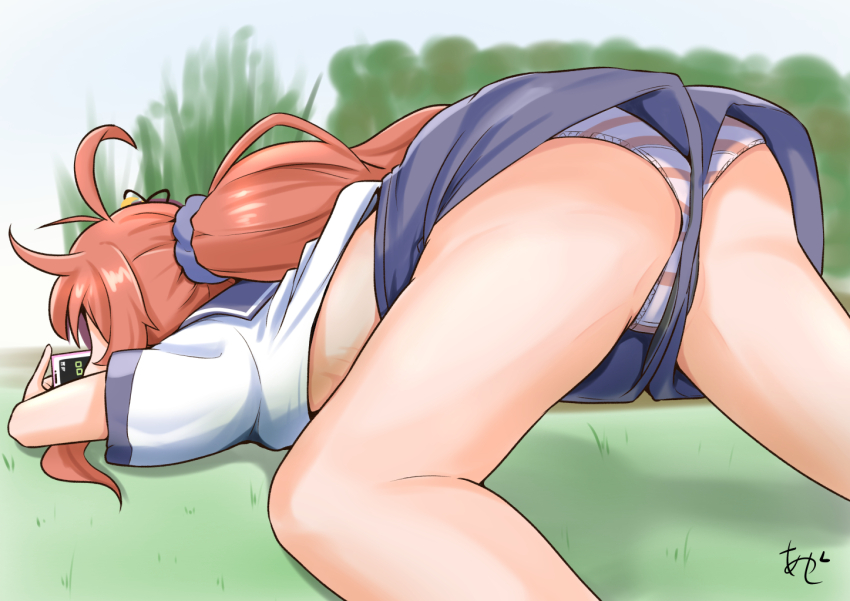 1girl ahoge akashieru all_fours aoba_(kancolle) aoba_(kancolle)_(cosplay) cosplay kantai_collection long_hair one-hour_drawing_challenge orange_hair panties panties_under_shorts pantyshot ponytail purple_sailor_collar purple_shorts sailor_collar sailor_shirt school_uniform serafuku shirt shorts solo striped_clothes striped_panties underwear upper_body upshorts uzuki_(kancolle) white_shirt