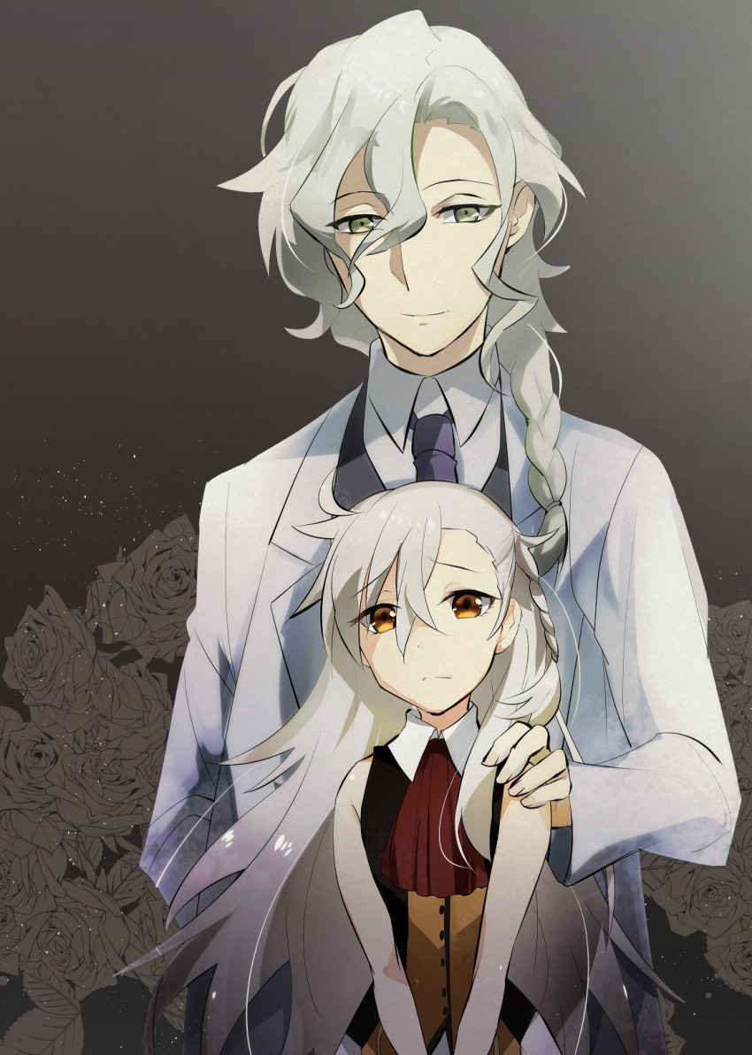 1boy 1girl aged_down antenna_hair ascot bare_shoulders braid brown_eyes child closed_mouth coat collared_shirt commentary_request crossed_bangs fate/grand_order fate_(series) father_and_daughter formal_clothes hair_between_eyes hand_on_another&#039;s_shoulder highres lab_coat long_hair long_sleeves looking_at_another looking_at_viewer looking_down marisbury_animusphere necktie olga_marie_animusphere open_clothes open_coat purple_necktie red_ascot shirt suit very_long_hair white_coat white_hair white_shirt yellow_eyes yomusugara_(uzo-muzo)