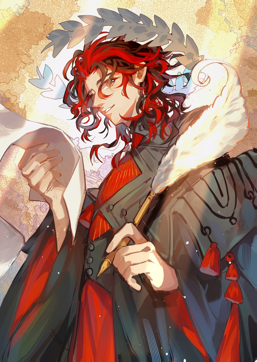 1boy absurdres black_coat black_hair brown_eyes coat crown curly_hair dante_alighieri_(fate) dante_alighieri_(third_ascension)_(fate) fate/grand_order fate_(series) feather_nib_pen floating_crown high_collar highres holding holding_paper holding_pen laurel_crown light_rays long_sleeves looking_at_viewer male_focus medium_hair multicolored_hair open_mouth paper pen red_hair smile solo tassel tenkiame_(myonl) two-tone_hair yellow_background