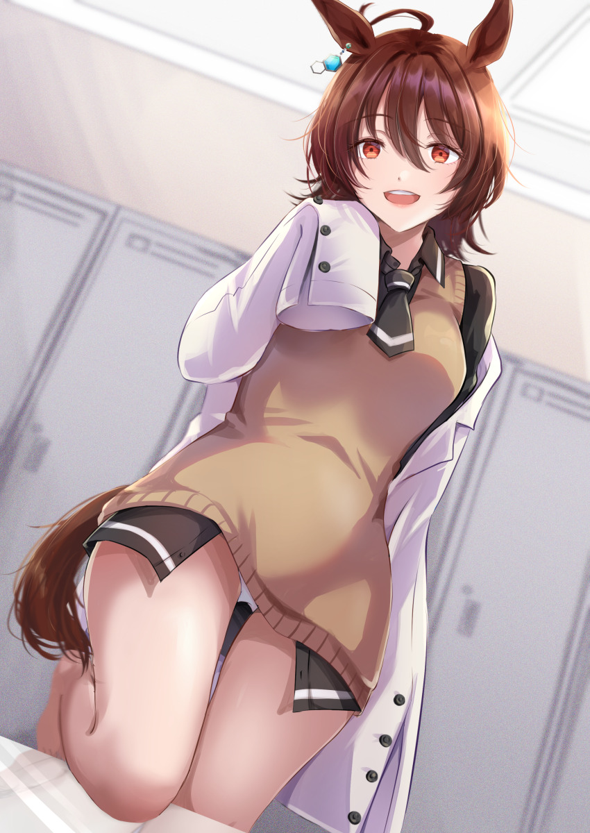 1girl absurdres agnes_tachyon_(umamusume) ahoge animal_ears barefoot black_necktie black_shirt brown_hair buttons chizoku_sawa collared_shirt dutch_angle earrings empty_eyes hair_between_eyes hand_up highres horse_ears horse_girl horse_tail indoors jewelry lab_coat locker long_sleeves looking_at_viewer medium_hair necktie no_pants open_mouth panties red_eyes shirt short_necktie single_earring sleeves_past_fingers sleeves_past_wrists smile solo standing standing_on_one_leg sweater_vest tail umamusume underwear white_panties wing_collar