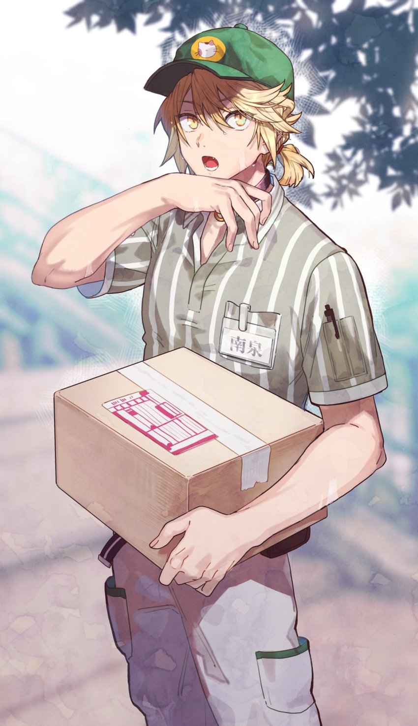 1boy baseball_cap beige_pants blonde_hair brand_name_imitation employee_uniform fang green_hat gyuunyuu_(mashika) hat highres male_focus name_tag nansen_ichimonji package pen ponytail shirt short_sleeves solo striped_clothes striped_shirt sweat touken_ranbu wiping_face yamato_transport yellow_eyes