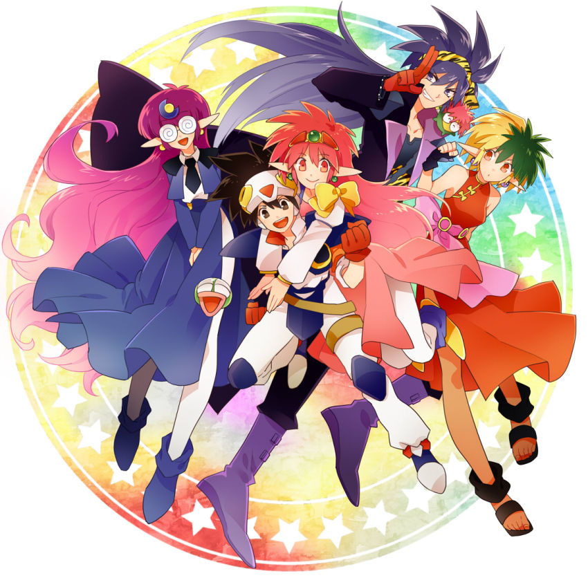 1990s_(style) 2boys 3girls arara_cocoa arara_milk baba_lamune blonde_hair crescent crescent_hair_ornament da_cider earrings glasses green_hair gum_(gmng) hair_ornament heavy_meta-ko jewelry leska_(arara_cafe_au_lait) long_hair multicolored_hair multiple_boys multiple_girls ng_knight_lamune_&amp;_40 pantyhose pointy_ears purple_hair red_eyes red_hair tama-q two-tone_hair white_legwear