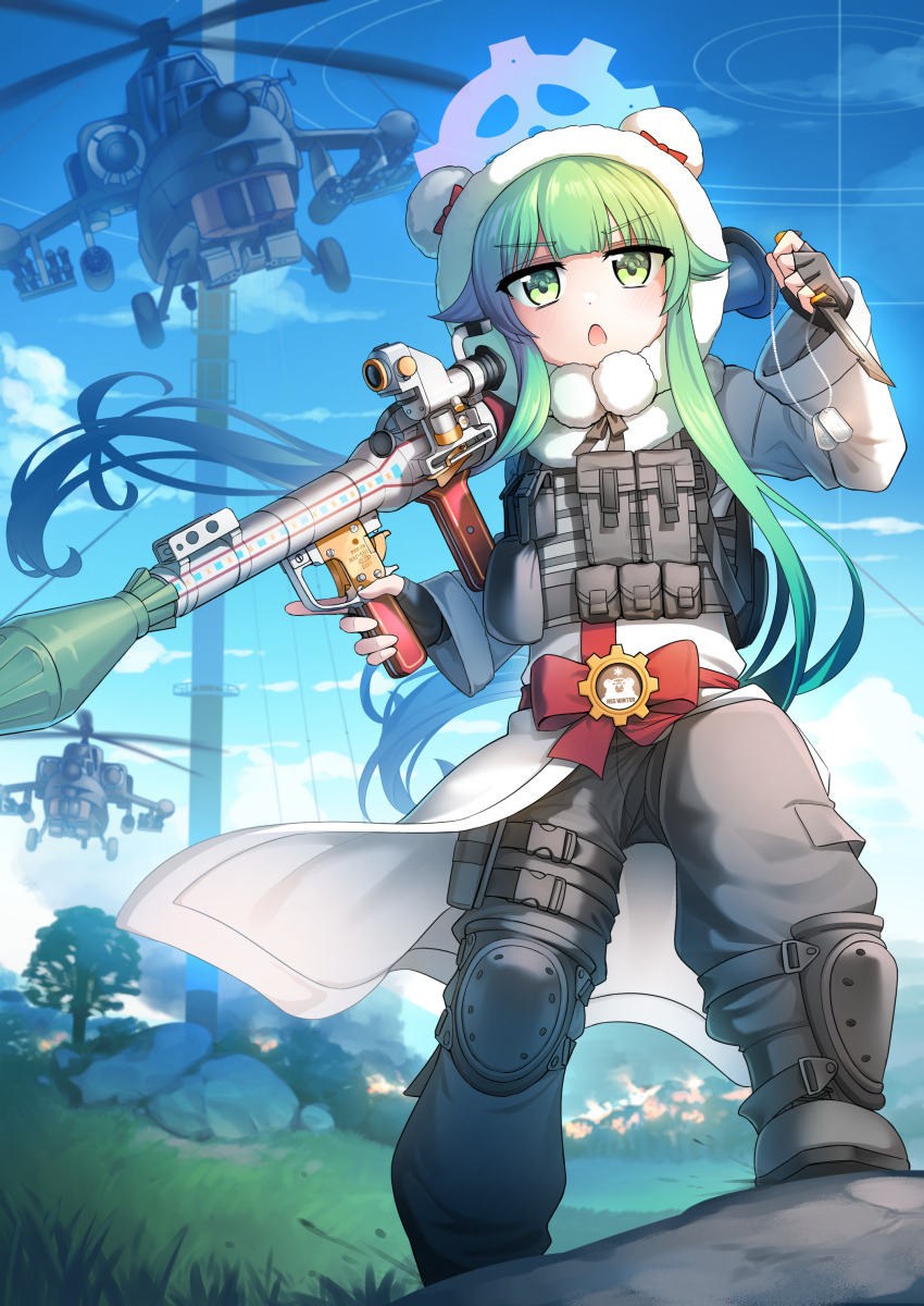 1girl :o absurdres aircraft ammunition_pouch animal_hood attack_helicopter bear_hood belt blue_archive blue_halo body_armor boots bow buckle cargo_pants coat dog_tags fingerless_gloves fur-trimmed_coat fur-trimmed_hood fur_trim gloves green_eyes green_hair halo helicopter highres holding holding_knife holding_weapon hood hood_up hooded_coat kivotos knee_pads knife load_bearing_equipment long_hair looking_at_viewer mi-28 military military_combat_uniform military_fatigues military_uniform military_vehicle momiji_(blue_archive) open_mouth outdoors pants pocketknife pom_pom_(clothes) pouch red_bow red_winter_federal_academy_logo reverse_grip rocket_launcher rpg rpg-7 rpg_(weapon) scope senpaihawkkun sky snap-fit_buckle soldier standing tactical_clothes thigh_belt thigh_strap tree v-shaped_eyebrows weapon white_coat winter_clothes