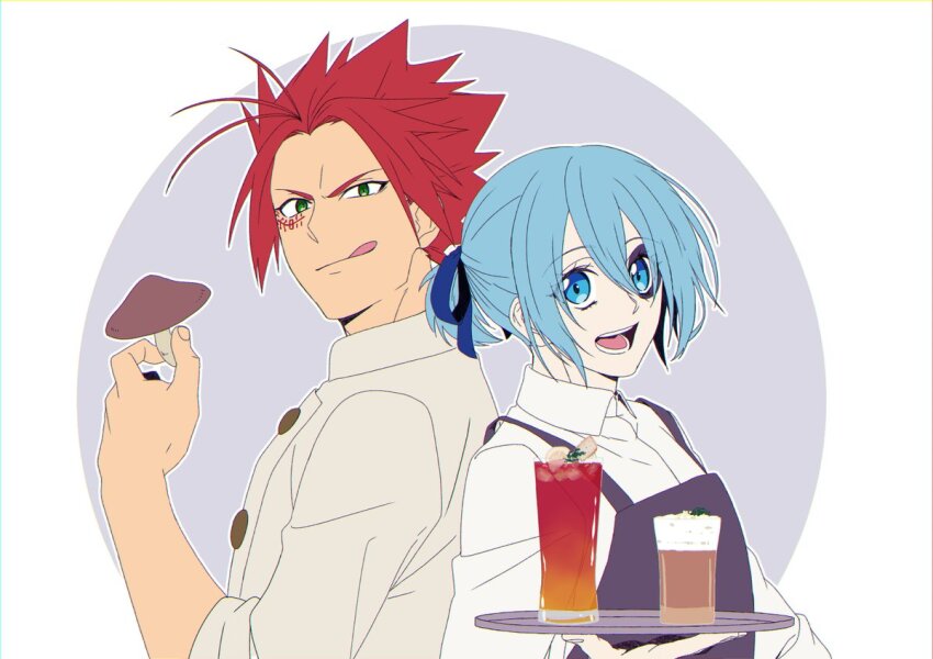 2boys akaboshi_bisco apron asari_ai birthmark blue_eyes blue_hair blue_ribbon drink facial_tattoo green_eyes hair_ribbon holding holding_mushroom holding_tray licking_lips male_focus multiple_boys mushroom nekoyanagi_milo red_hair ribbon sabikui_bisco short_hair simple_background smile tattoo tongue tongue_out tray upper_body