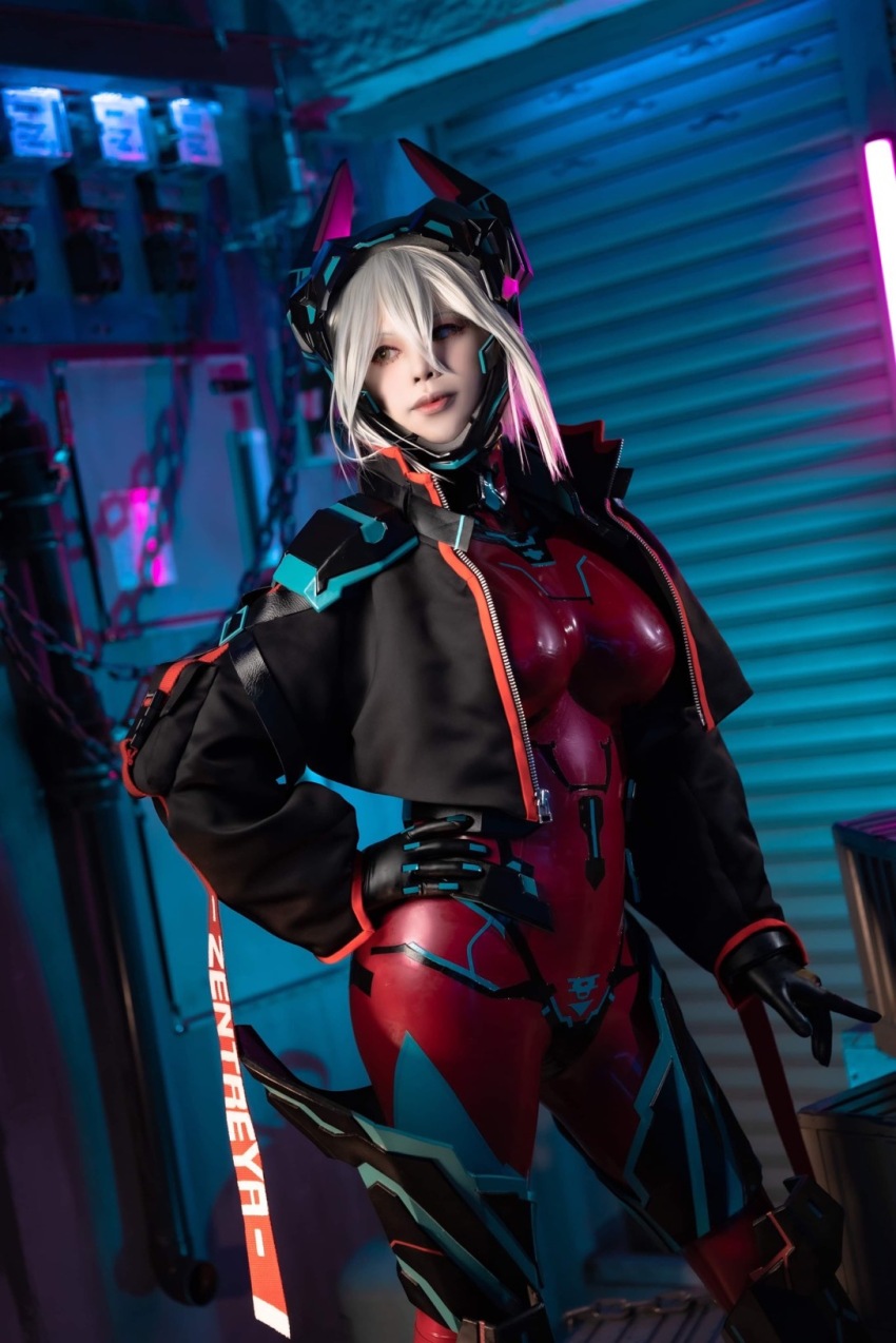 1girl black_jacket bodysuit breasts chain cosplay cropped_jacket garage gloves hairband hand_on_own_hip highres homura_twcos industrial_pipe jacket long_sleeves name_tag real_life red_bodysuit shirt short_hair tight_clothes vshojo white_shirt yellow_eyes zentreya zentreya_(cyborg) zentreya_(cyborg)_(1st_costume)