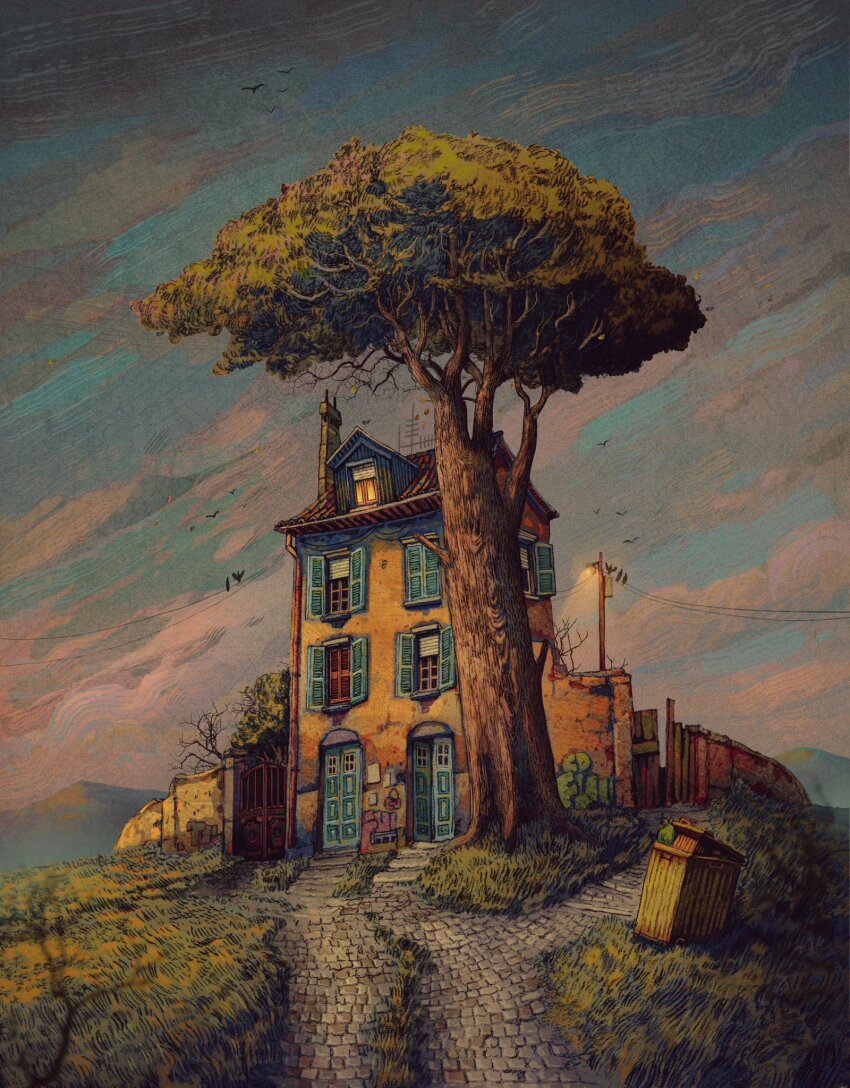 bird chimney door francisco_fonseca gate graffiti highres no_humans open_window_shutter original outdoors pavement power_lines radio_antenna trash_can tree window_light window_shutter