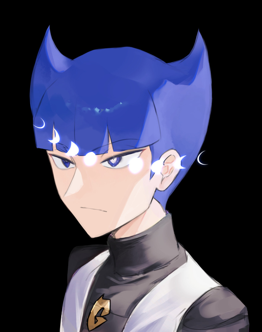 1boy black_background blue_eyes blue_hair creatures_(company) game_freak highres male_focus moon_phases nintendo pokemon pokemon_dppt saturn_(pokemon) sioma709iie solo team_galactic team_galactic_uniform upper_body