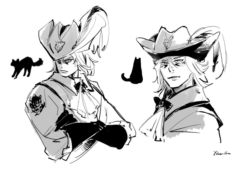 1boy animal cat crossed_arms final_fantasy final_fantasy_xiv greyscale hat hat_feather highres looking_at_viewer male_focus monochrome multiple_views red_mage_(final_fantasy) signature silhouette x&#039;rhun_tia yabuka_shiwa