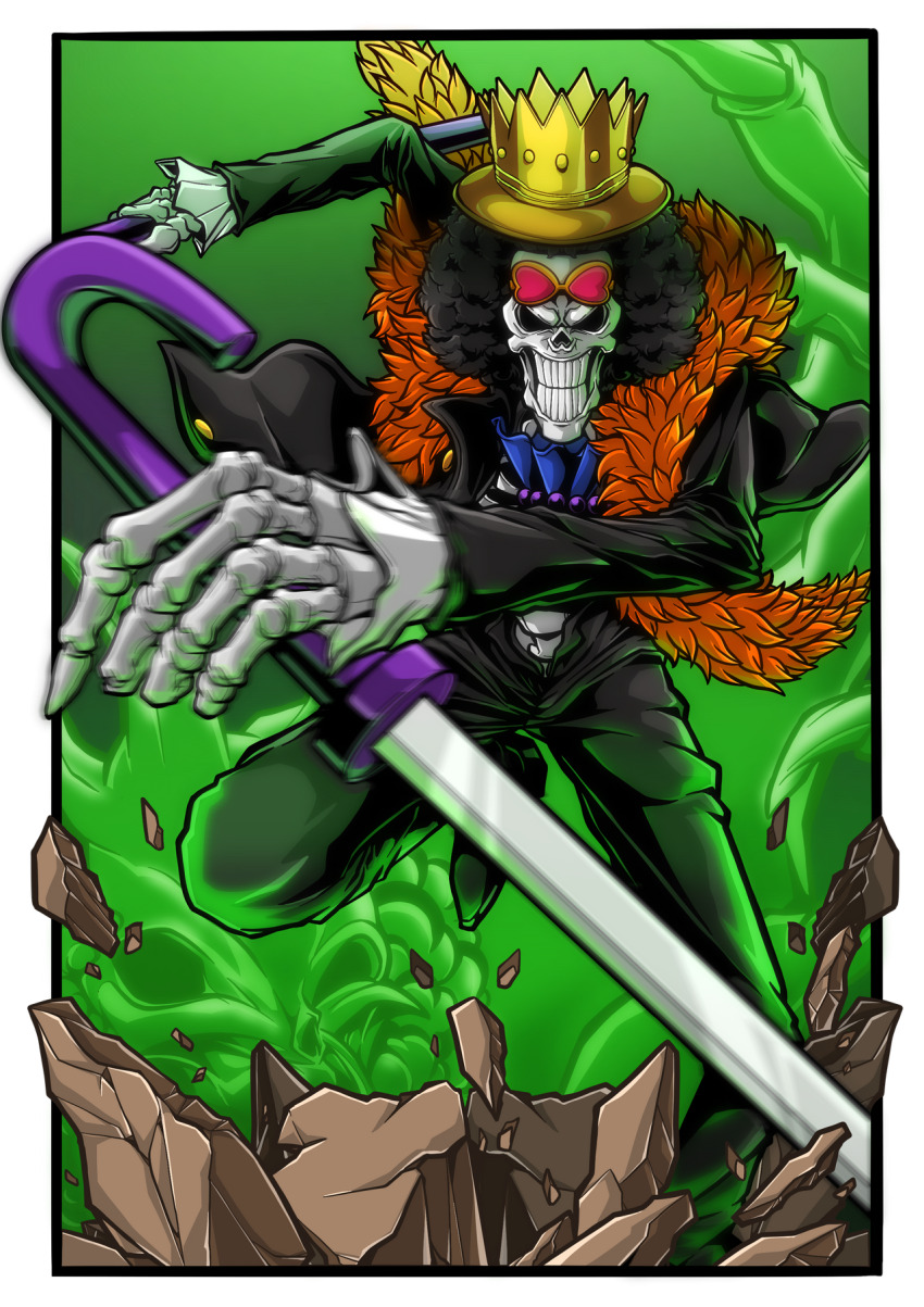 1boy afro ascot black_hair blue_ascot brook_(one_piece) cane clenched_teeth commentary crown_hat english_commentary eyewear_on_head frilled_sleeves frills ghost hat heart heart-shaped_eyewear highres holding holding_cane holding_sword holding_weapon long_sleeves male_focus one_piece outdoors pink-tinted_eyewear solo sunglasses sword teeth tintacle tinted_eyewear weapon yellow-framed_eyewear
