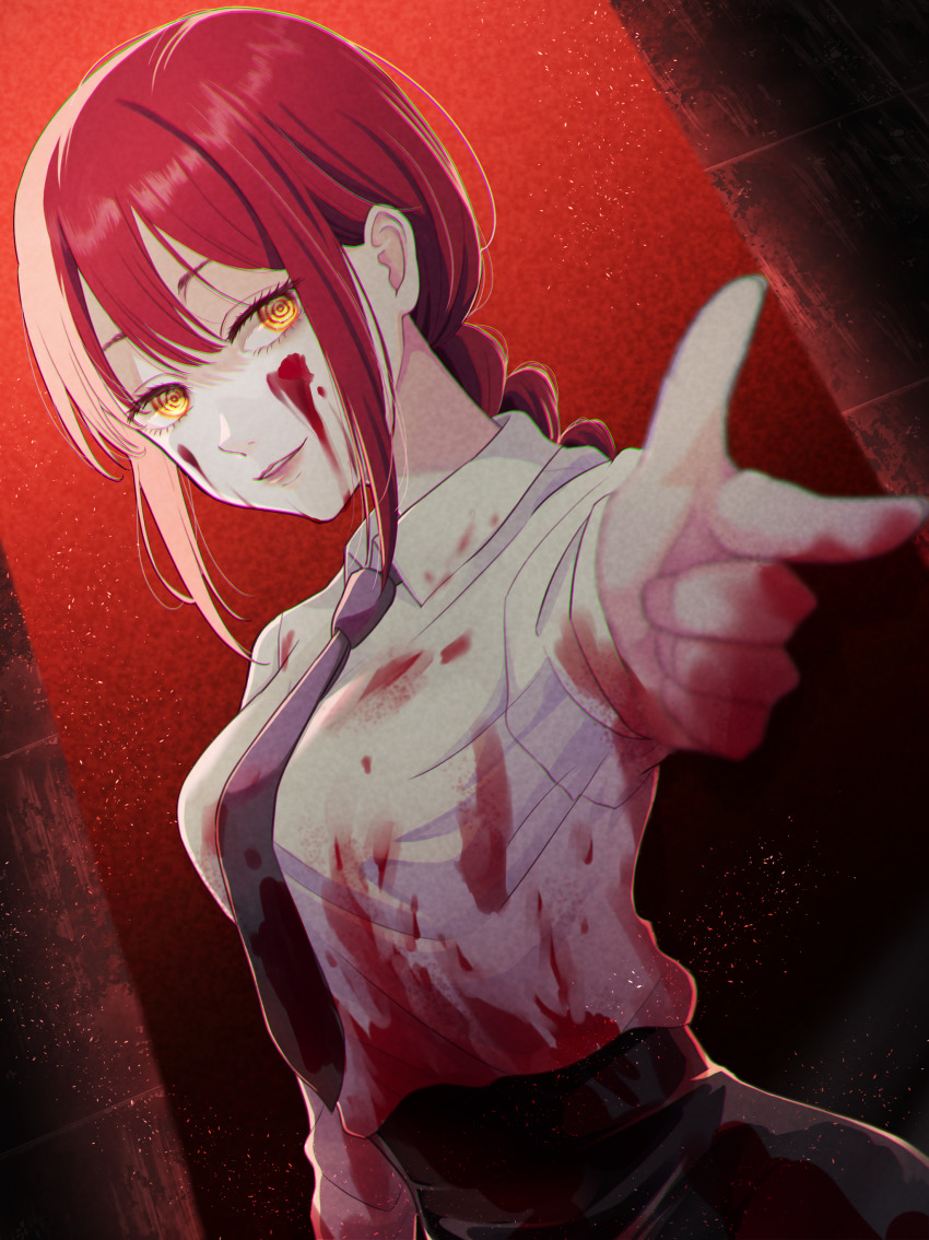 1girl absurdres aiming aiming_at_viewer arm_up black_necktie black_pants blood blood_on_clothes blood_on_face blood_on_hands blurry blurry_foreground braid braided_ponytail breasts chainsaw_man collared_shirt commentary_request depth_of_field dress_shirt eyelashes finger_gun hair_between_eyes high-waist_pants highres long_hair long_sleeves looking_at_viewer makima_(chainsaw_man) medium_breasts nagi-negitoro necktie pants parted_lips perspective red_background red_hair ringed_eyes shirt shirt_tucked_in sidelocks single_braid smile solo standing upper_body white_shirt wing_collar yellow_eyes
