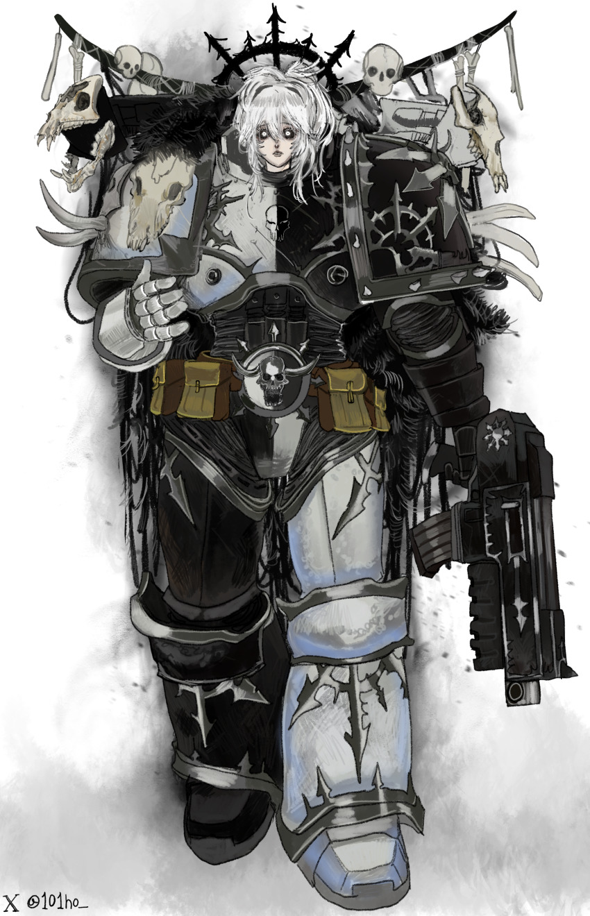 1girl absurdres adeptus_astartes armor black_armor black_sclera bolter breastplate chaos_(warhammer) chaos_space_marine colored_sclera eight-pointed_star full_body gauntlets genderswap genderswap_(mtf) gun highres holding holding_gun holding_weapon kkghost_tv leg_armor looking_at_viewer malice_(cult) pauldrons power_armor shoulder_armor skull solo sons_of_malice standing twitter_username warhammer_40k weapon white_armor white_hair