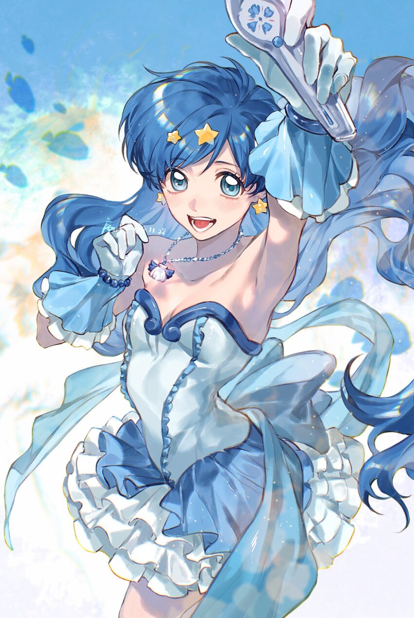 1girl arm_up armpits back_bow bare_shoulders bead_bracelet beads blue_bow blue_dress blue_eyes blue_gloves blue_hair bow bracelet breasts commentary cowboy_shot dress earrings frilled_dress frilled_gloves frills gloves hair_ornament hand_up highres holding holding_microphone houshou_hanon houshou_hanon_(idol) jewelry light_blush long_hair looking_at_viewer mermaid_melody_pichi_pichi_pitch microphone necklace open_mouth shell shell_necklace small_breasts smile solo star_(symbol) star_earrings star_hair_ornament strapless strapless_dress symbol-only_commentary teeth xuchuan