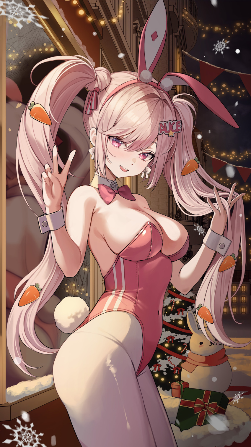 1girl absurdres alice_(nikke) alice_(wonderland_bunny)_(nikke) animal_ears bow bowtie box breasts carrot_hair_ornament christmas_present christmas_tree cleavage fake_animal_ears fake_tail food-themed_hair_ornament gift gift_box goddess_of_victory:_nikke hair_ornament highres large_breasts leotard long_hair official_alternate_costume outdoors pantyhose parted_lips pink_bow pink_bowtie pink_eyes pink_hair pink_leotard playboy_bunny rabbit_ears rabbit_tail sideboob smile snowflakes snowing snowman solo_focus tail twintails v white_pantyhose yuna_(deadawon)