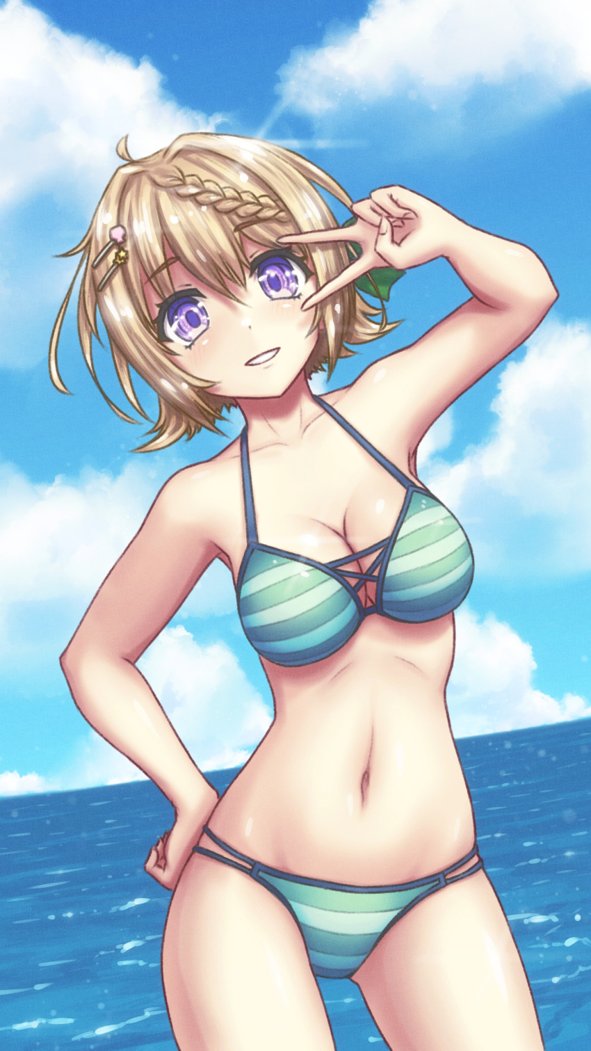 1girl absurdres bikini blonde_hair blue_sky braid braided_bangs braided_bun breasts cloud cowboy_shot day green_bikini hair_between_eyes hair_bun hair_ornament hairclip hand_on_own_hip highres kantai_collection looking_at_viewer medium_breasts navel ocean official_alternate_costume outdoors perth_(kancolle) perth_(swimsuit)_(kancolle) purple_eyes sky smile solo standing striped_bikini striped_clothes swimsuit v vorisar