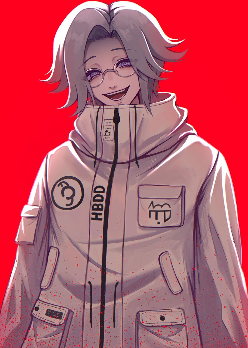 1boy absurdres aotsuki_eito backlighting breast_pocket evil_grin evil_smile glasses grey_hair grin half-closed_eyes hashtag-only_commentary highres jacket keydromeda looking_at_viewer male_focus open_mouth pocket purple_eyes red_background short_hair sleeve_pouch smile solo spoilers the_hundred_line_-last_defense_academy- upper_body white_jacket
