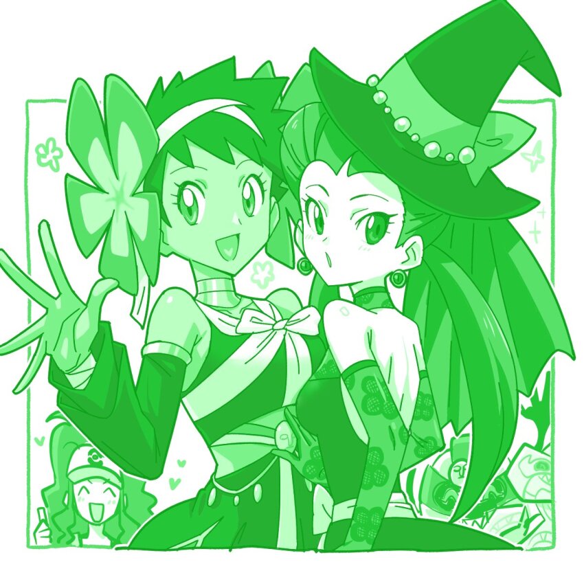 3girls cofagrigus detached_sleeves dress flower gen_5_pokemon gen_8_pokemon gloves green_theme hair_flower hair_ornament hairband halloween_costume hand_up hat heart highres hilda_(pokemon) kenchi long_hair monochrome multiple_girls nintendo official_alternate_costume open_mouth phoebe_(fall_2023)_(pokemon) phoebe_(pokemon) pokemon pokemon_(creature) pokemon_bw pokemon_masters_ex roxanne_(fall_2023)_(pokemon) roxanne_(pokemon) runerigus twintails white_background witch_hat