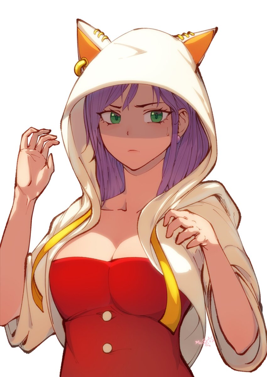 1girl animal_ears breasts cat_ears chienon cleavage collarbone earrings fake_animal_ears faris_scherwiz final_fantasy final_fantasy_v frown green_eyes highres hood hoodie jewelry large_breasts long_hair looking_at_viewer purple_hair shaded_face signature simple_background solo sweatdrop thick_eyelashes white_background white_hood white_hoodie white_mage_(final_fantasy)