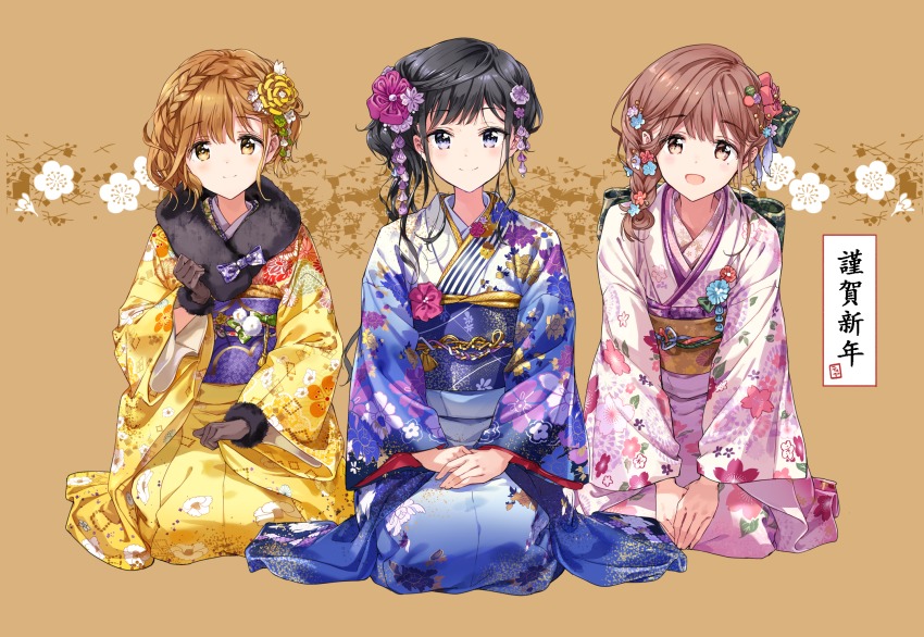 3girls adagaki_aki black_eyes black_gloves black_hair blue_kimono blunt_bangs blush braid brown_eyes brown_hair closed_mouth floral_print fujinomiya_neko fur_trim gloves hair_between_eyes hair_ornament highres japanese_clothes kimono koiwai_yoshino light_brown_hair long_sleeves looking_at_viewer masamune-kun_no_revenge mole mole_under_eye multiple_girls new_year obi open_mouth pink_kimono sash sitting smile tiv wide_sleeves yellow_kimono