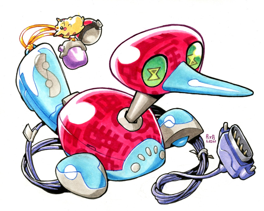 absurdres adapter artist_name cable computer_mouse fat_pikachu full_body gen_1_pokemon gen_2_pokemon highres loading_icon nintendo no_humans pikachu pokemon pokemon_(creature) porygon2 railroadlion simple_background symbol-shaped_pupils white_background