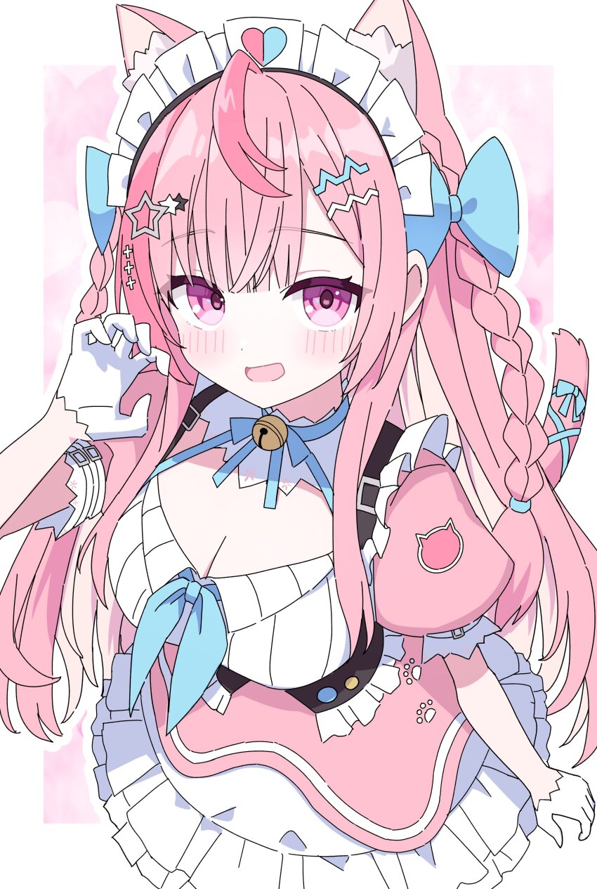 1girl :d absurdres ahoge animal_ear_fluff animal_ears bell blue_bow blue_ribbon blush border bow breasts cat_ears cat_girl cat_tail claw_pose cleavage commentary_request cowboy_shot dot_nose dress frilled_dress frills gloves hair_bow hair_ornament hand_up highres indie_virtual_youtuber kaie large_breasts long_hair looking_at_viewer neck_bell neck_ribbon open_mouth outline outside_border pink_background pink_dress pink_eyes pink_hair ribbon short_sleeves smile solo star_(symbol) star_hair_ornament tail tail_ornament tail_ribbon virtual_youtuber white_border white_gloves white_outline yuuki_sakuna