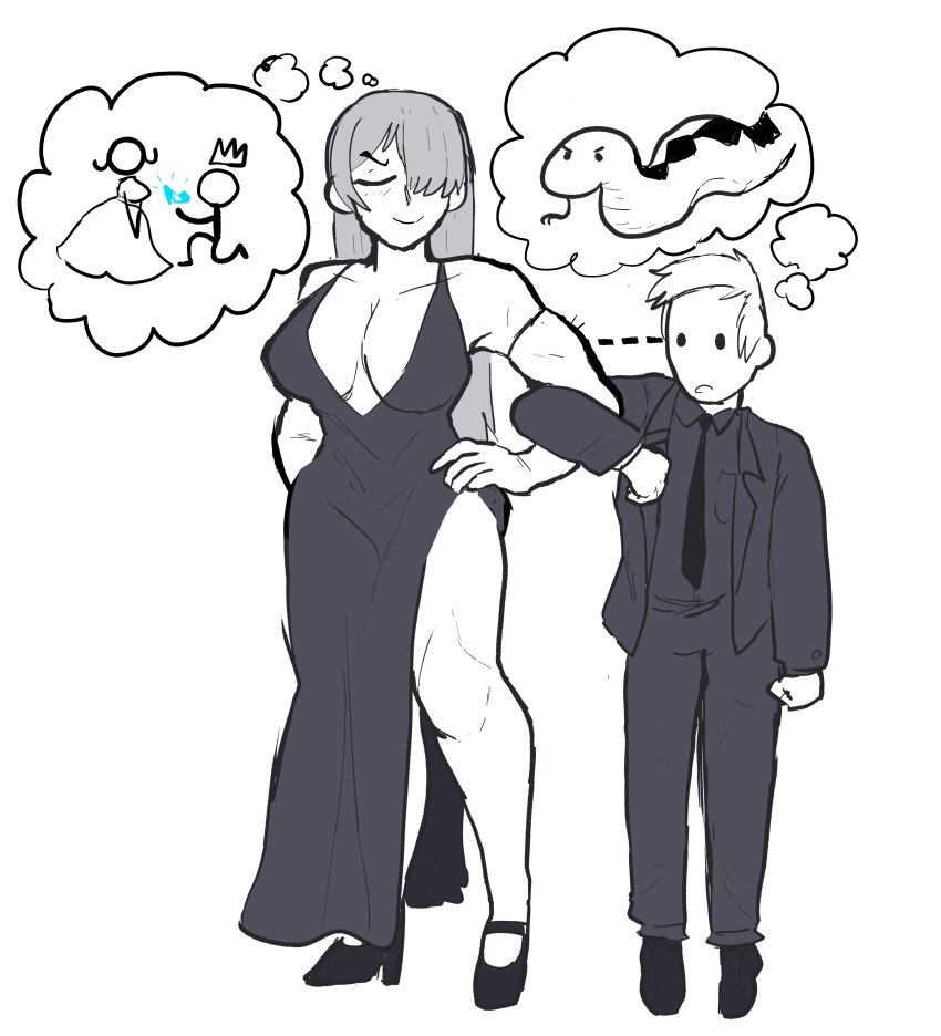 1boy 1girl absurdres breasts cleavage dotted_line highres japvs long_hair medium_breasts muscular muscular_female original short_hair snake speech_bubble tall_female thought_bubble