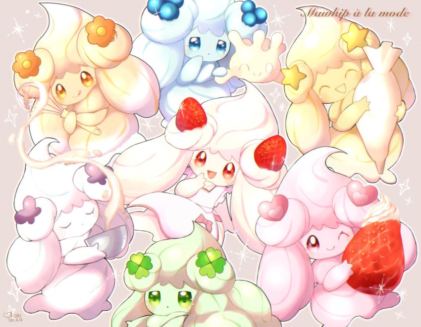 :d :q ;) alcremie alcremie_(berry_sweet) alcremie_(clover_sweet) alcremie_(flower_sweet) alcremie_(love_sweet) alcremie_(ribbon_sweet) alcremie_(star_sweet) alcremie_(strawberry_sweet) apron blue_eyes bowl closed_eyes commentary_request cream evolutionary_line eyelashes food french_commentary fruit gen_8_pokemon green_eyes heart highres holding holding_bowl holding_whisk milcery nintendo no_humans okoge_(simokaji) one_eye_closed open_mouth outline pokemon pokemon_(creature) red_eyes signature smile sparkle strawberry tongue tongue_out whisk