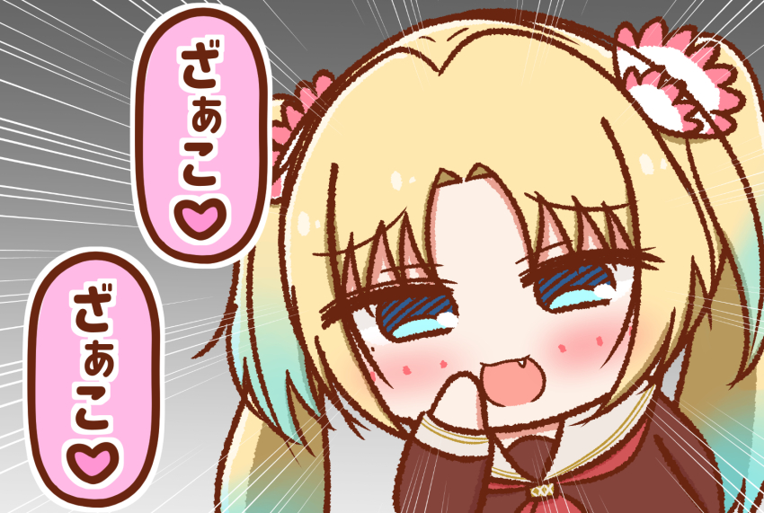 1girl :d blonde_hair blue_hair blush brown_dress chibi chibi_only colored_speech_bubble commentary_request dress emphasis_lines fang flower gradient_background gradient_hair grey_background hair_flower hair_ornament hasu_no_sora_school_uniform heart link!_like!_love_live! long_hair long_sleeves looking_at_viewer love_live! multicolored_hair neckerchief open_mouth osawa_rurino p-man-p-man pink_flower red_neckerchief sailor_collar sailor_dress school_uniform simple_background smile solo speech_bubble spoken_heart teasing translation_request twintails virtual_youtuber white_sailor_collar winter_uniform zako_(phrase)