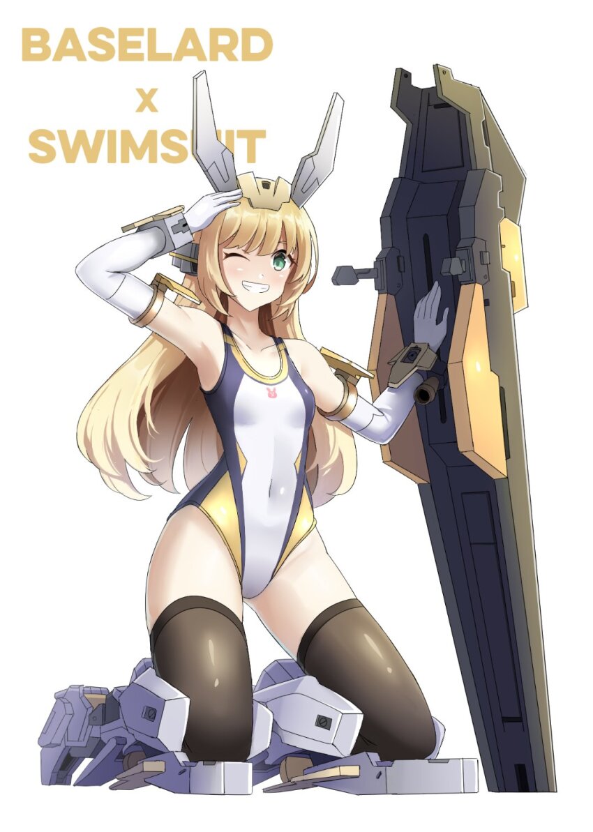 1girl bare_shoulders baselard black_thighhighs blonde_hair blush breasts competition_swimsuit covered_navel elbow_gloves frame_arms_girl gloves green_eyes grin highres leotard long_hair mecha_musume one-piece_swimsuit one_eye_closed small_breasts smile sudhiro_sappurisa swimsuit thighhighs w white_gloves white_leotard