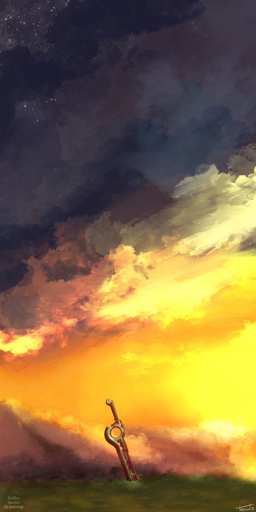 artist_name cloud dusk field grass highres monado night night_sky no_humans planted planted_sword planted_weapon sky star_(sky) still_life sword toosut0 twitter_username weapon xenoblade_chronicles_(series) xenoblade_chronicles_1