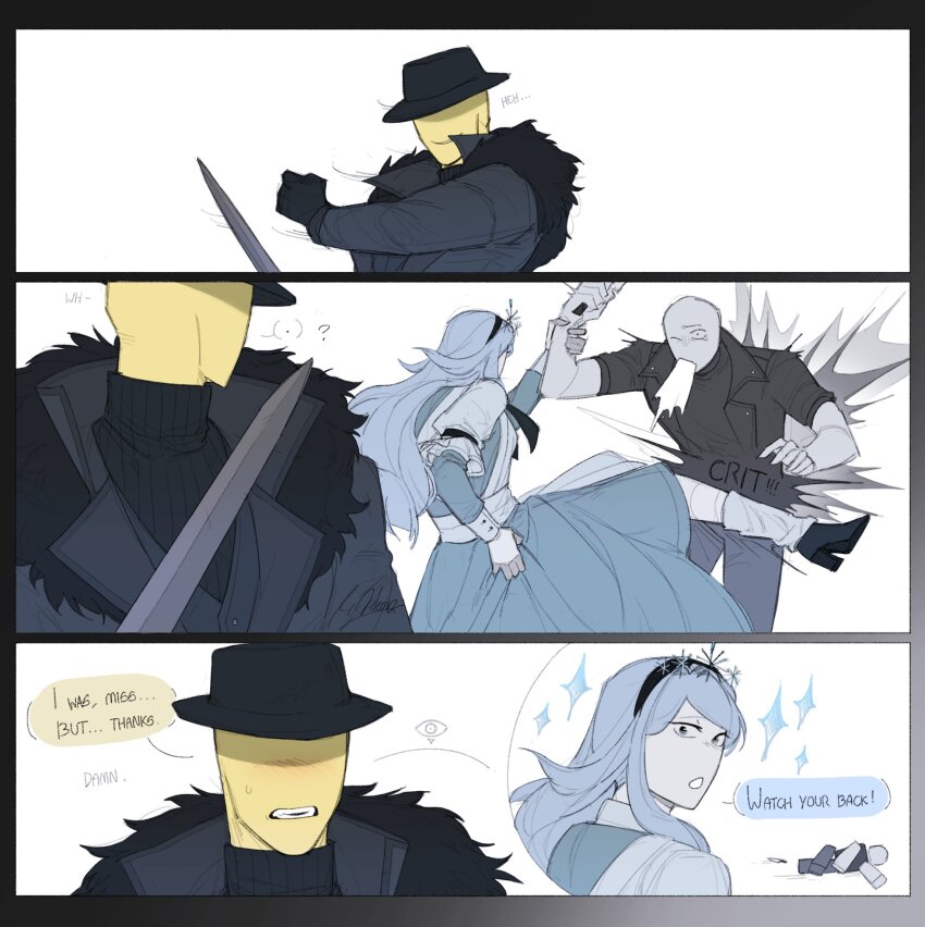 1boy 1girl 1other apron bald black_coat black_gloves black_hairband black_hat black_sweater blue_dress blue_hair blue_pants coat colored_skin dream_game dress eunoia_(dream_game) fedora gloves hairband hat highres juliet_sleeves kicking long_hair long_sleeves mafioso_(dream_game) open_mouth pants puffy_sleeves roblox sidelocks simple_background sweater v1kov white_apron white_background yellow_skin